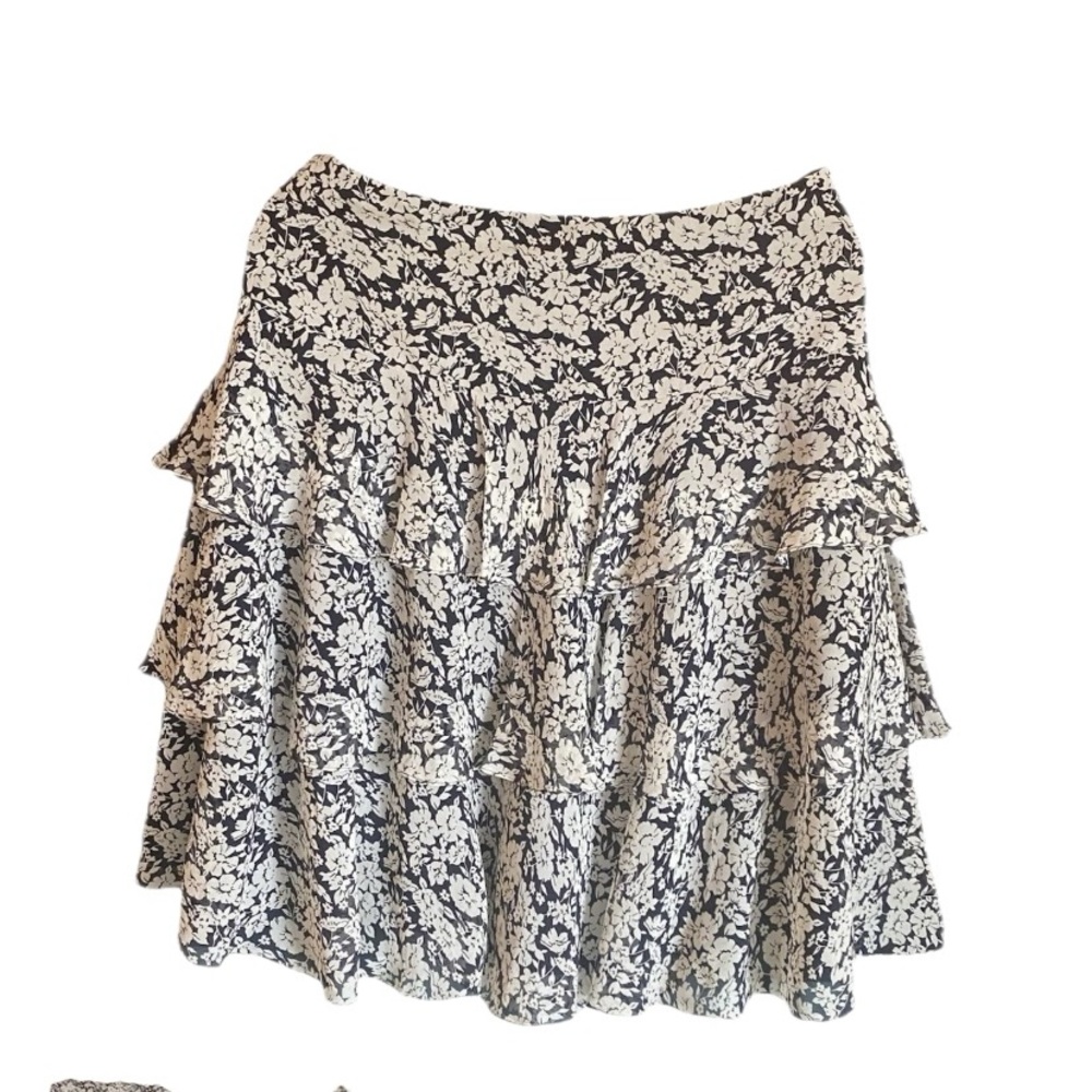Lauren Ralph Lauren Skirt 8P Navy Blue White 100% Silk Floral Tiered Knee Length